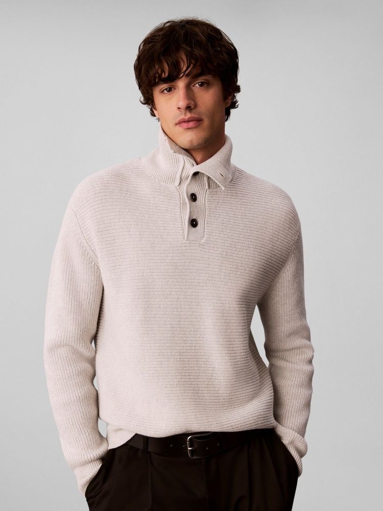 Calvin Klein Pull Beige heren (LS CTN WOOL PNL STIT - LV04LH311G.P74) - GL Sport (Sluis)