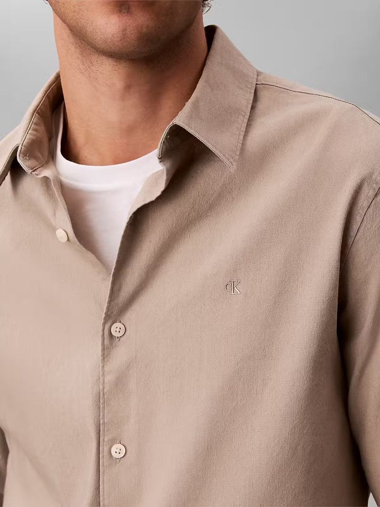 Calvin Klein Overhemd Taupe heren (LS LINEN LYCOCELL CLASSIC SHIRT - LV04LG100G.ROASTEDCASH) - GL Sport (Sluis)