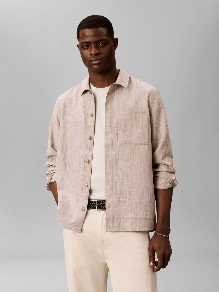 Calvin Klein Overhemd Beige heren (LS LINEN VISCOSE OVERSHIRT - LV04LG401G.HMT) - GL Sport (Sluis)