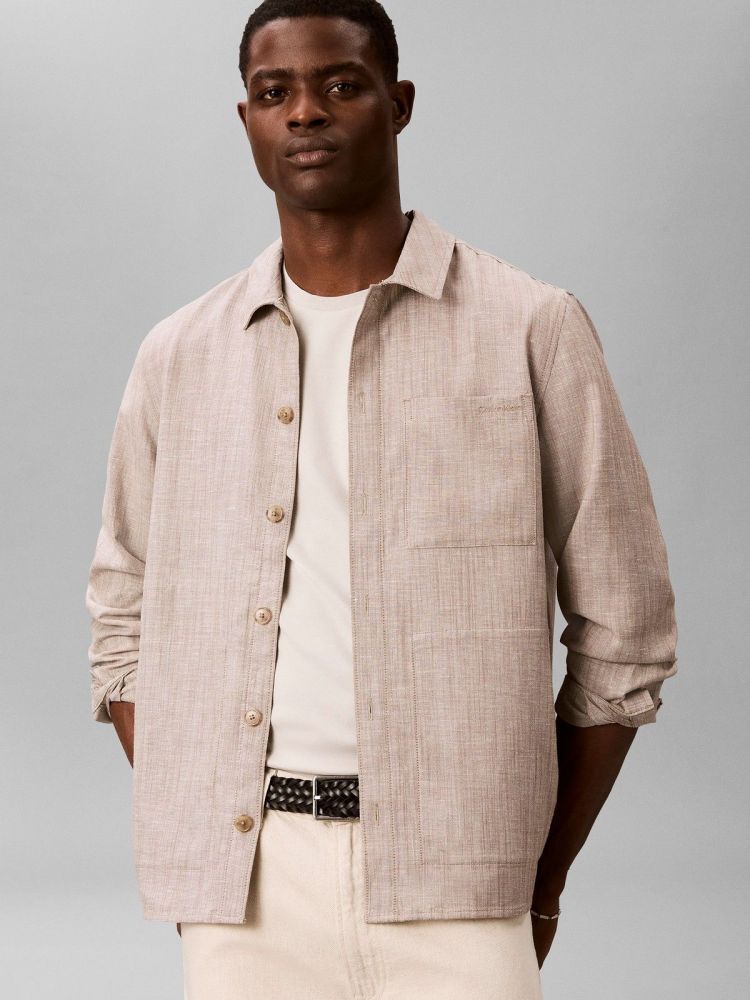 Calvin Klein Overhemd Beige heren (LS LINEN VISCOSE OVERSHIRT - LV04LG401G.HMT) - GL Sport (Sluis)