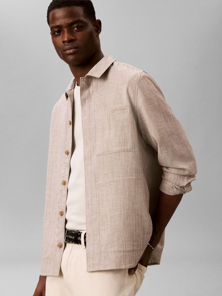 Calvin Klein Overhemd Beige heren (LS LINEN VISCOSE OVERSHIRT - LV04LG401G.HMT) - GL Sport (Sluis)