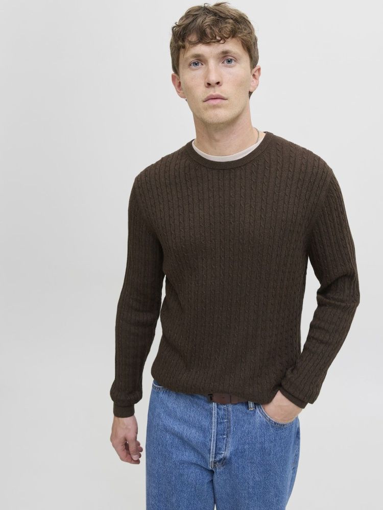Jack & Jones Pull Bruin heren (EMIL KNIT CABLE CREW NECK - 12278785.MULCH) - GL Sport (Sluis)