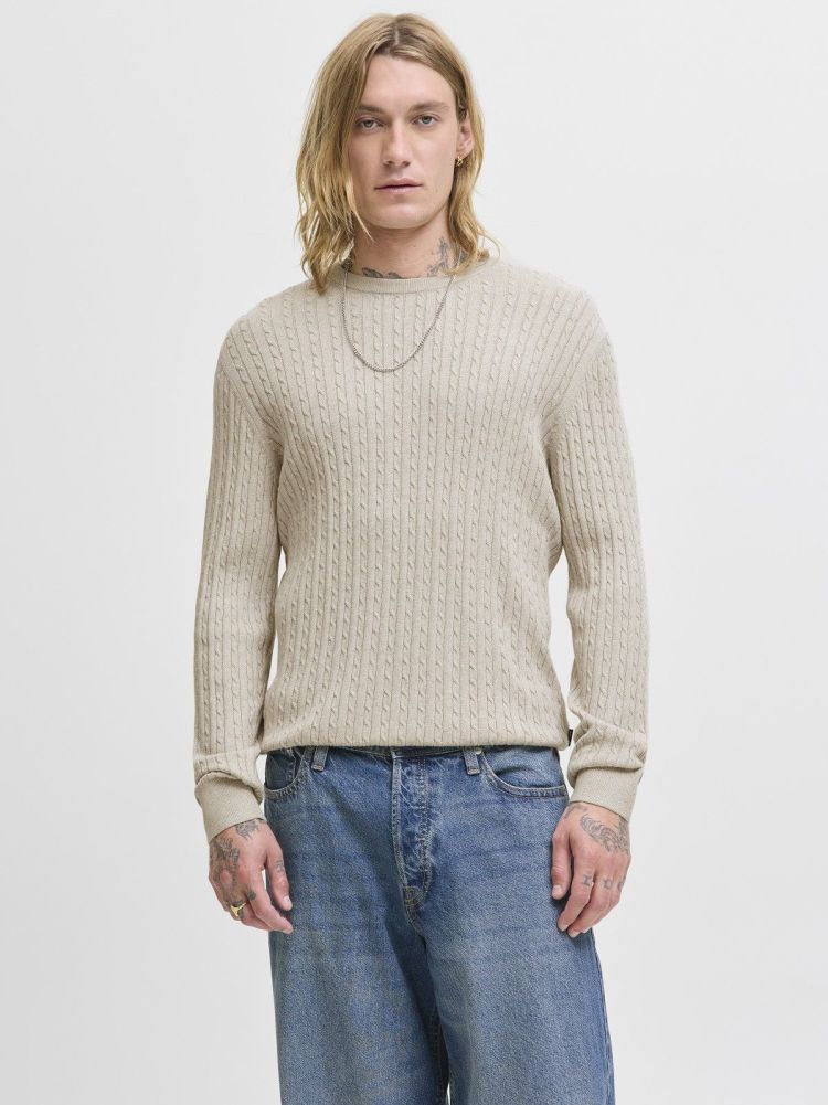 Jack & Jones Pull Off-white heren (EMIL KNIT CABLE CREW NECK - 12278785.OATMEAL) - GL Sport (Sluis)