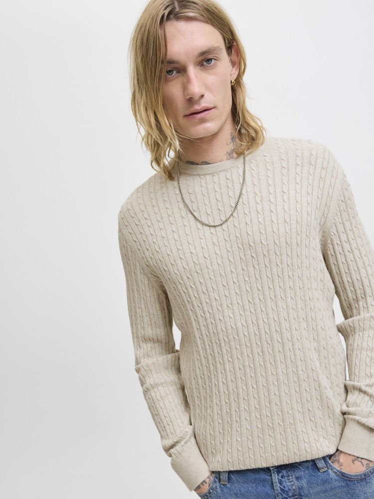 Jack & Jones Pull Off-white heren (EMIL KNIT CABLE CREW NECK - 12278785.OATMEAL) - GL Sport (Sluis)