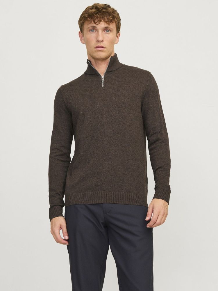 Jack & Jones Pull Bruin heren (EMIL KNIT HALF ZIP - 12189339.MULCH) - GL Sport (Sluis)