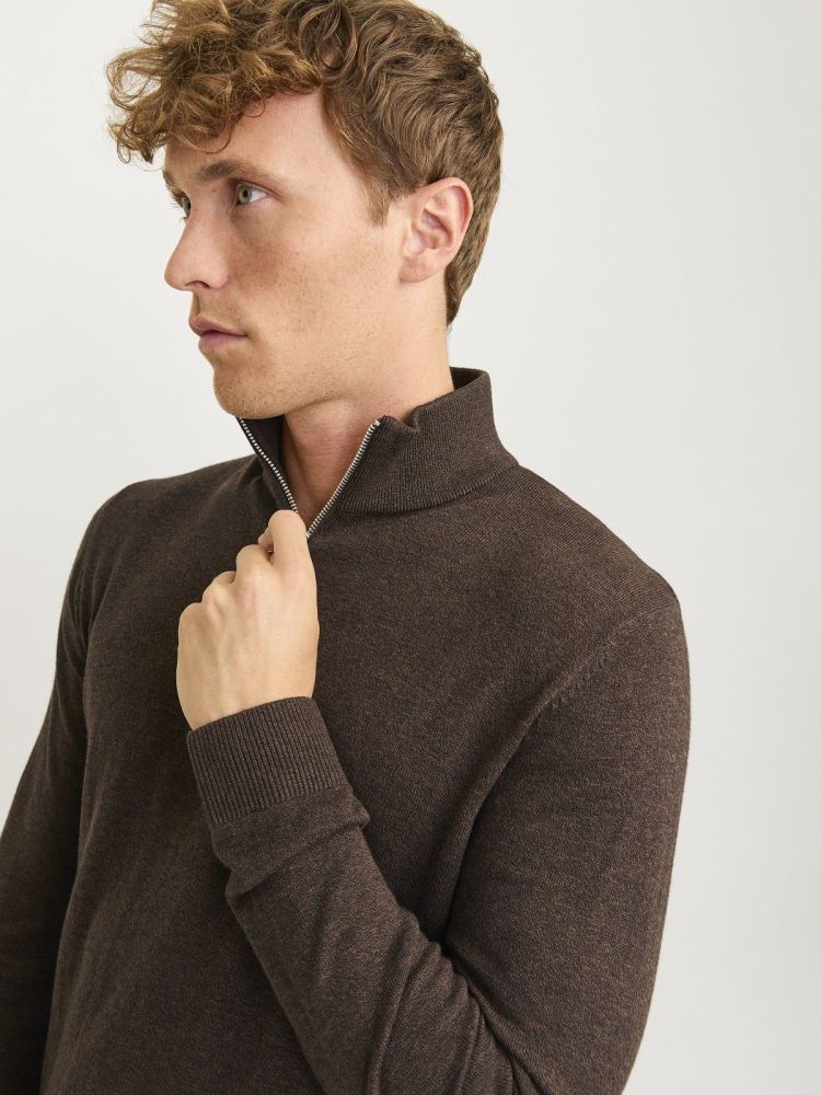 Jack & Jones Pull Bruin heren (EMIL KNIT HALF ZIP - 12189339.MULCH) - GL Sport (Sluis)