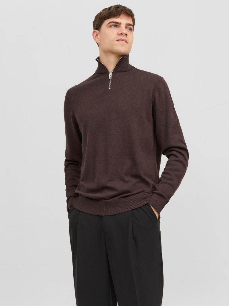 Jack & Jones Pull Bruin heren (EMIL KNIT HALF ZIP - 12189339.SEALBROWN) - GL Sport (Sluis)