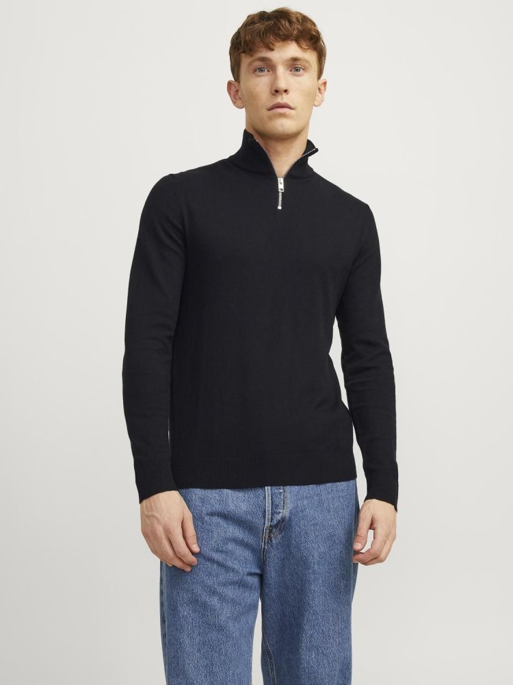 Jack & Jones Pull Zwart heren (EMIL KNIT HALF ZIP - 12189339.BLACK) - GL Sport (Sluis)