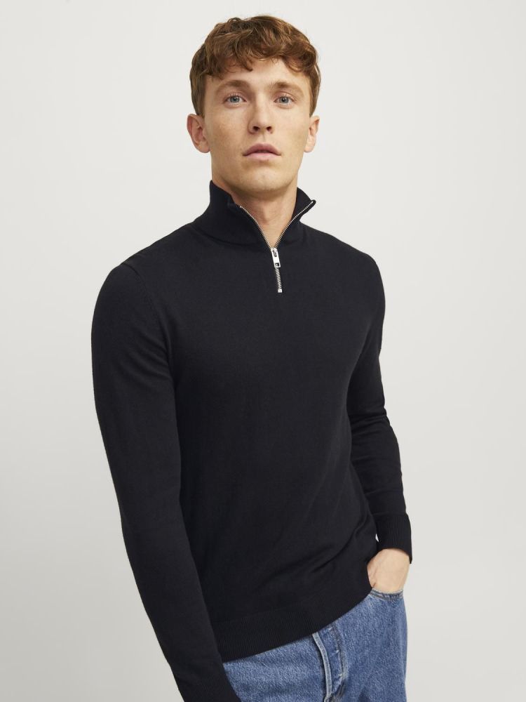 Jack & Jones Pull Zwart heren (EMIL KNIT HALF ZIP - 12189339.BLACK) - GL Sport (Sluis)