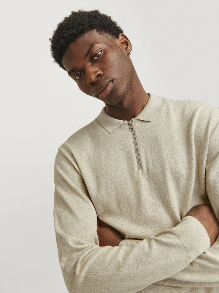 Jack & Jones Polo Beige heren (EMIL KNIT POLO HALF ZIP LS - 12268210.OATMEAL) - GL Sport (Sluis)
