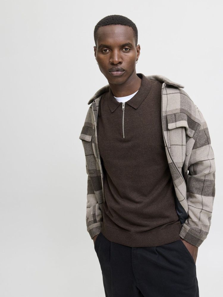 Jack & Jones Polo Bruin heren (EMIL KNIT POLO HALF ZIP LS - 12268210.MULCH) - GL Sport (Sluis)