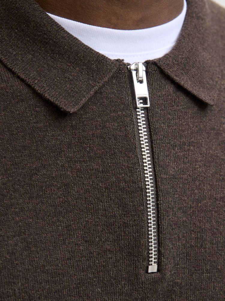 Jack & Jones Polo Bruin heren (EMIL KNIT POLO HALF ZIP LS - 12268210.MULCH) - GL Sport (Sluis)
