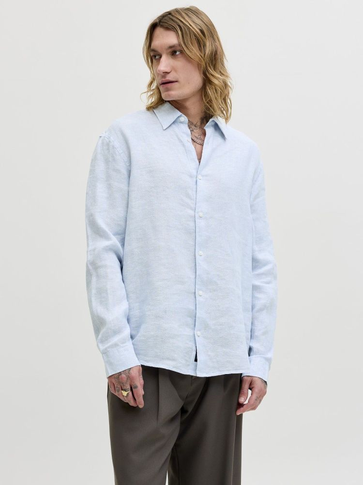 Jack & Jones Overhemd Blauw heren (LAWRENCE LINEN LS SHIRT  - 12293563.CHAMBRAYBLUE) - GL Sport (Sluis)