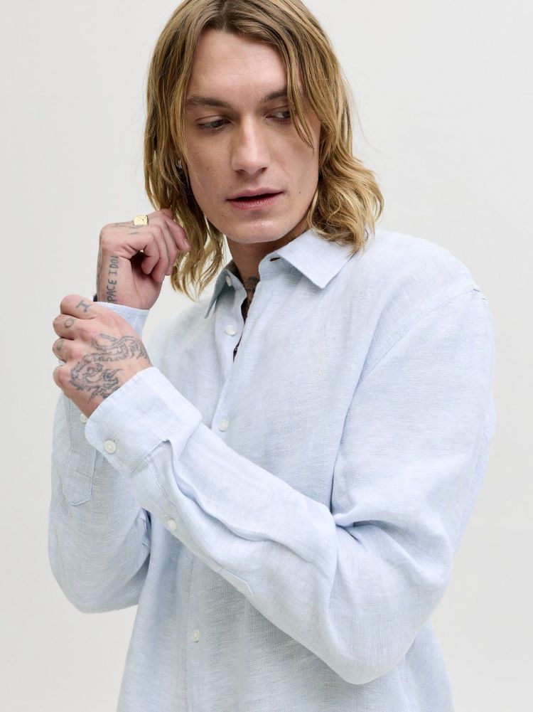 Jack & Jones Overhemd Blauw heren (LAWRENCE LINEN LS SHIRT  - 12293563.CHAMBRAYBLUE) - GL Sport (Sluis)