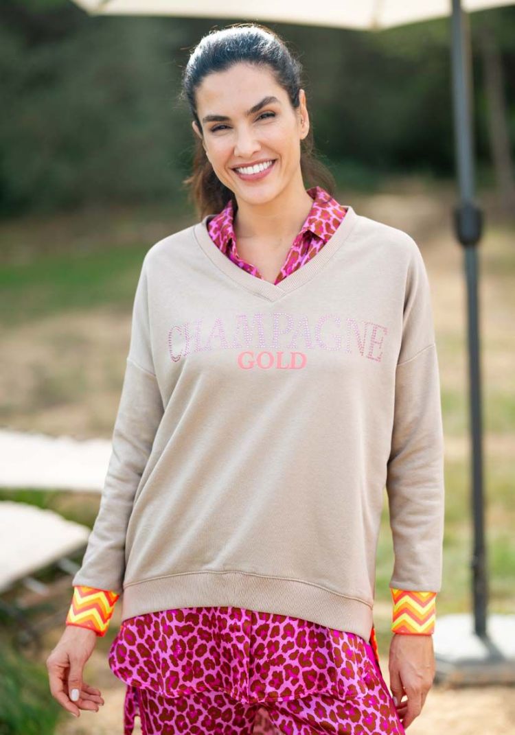 Miss Goodlife Sweater Creme dames (V-NECK CHAMPAGNE GOLD STRASS - MG11215.76) - GL Sport (Sluis)