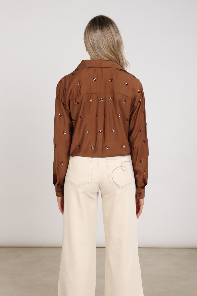 Nukus by Nick Vervoort Blouse Bruin dames (ANIKA BLOUSE PAILLET - ANIKA.BLOUSE.ESPRESSO) - GL Sport (Sluis)