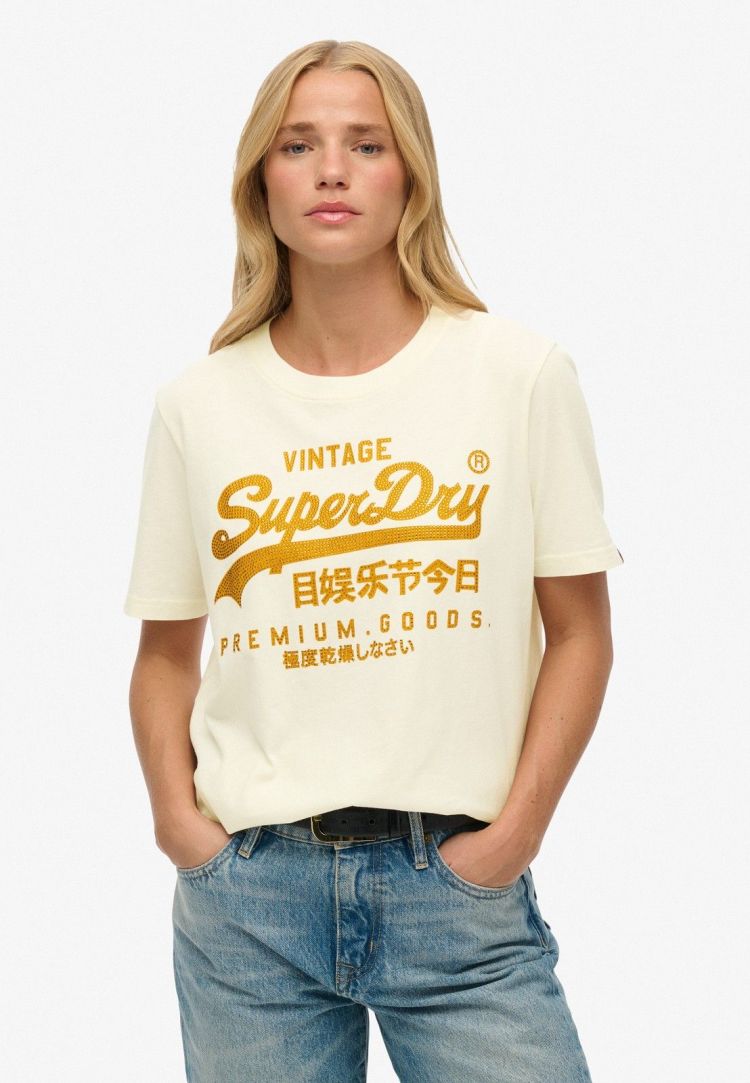 Superdry T-shirt Off-white dames (EMBELLISHED VL RELAXED TEE - W1011731A.8ML) - GL Sport (Sluis)