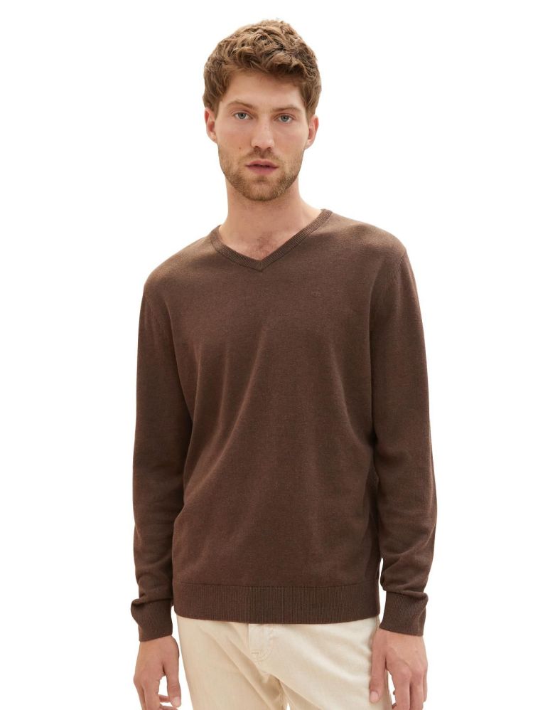 Tom Tailor Pull Bruin heren (BASIC V-NECK SWEATER - 1027665.32717) - GL Sport (Sluis)