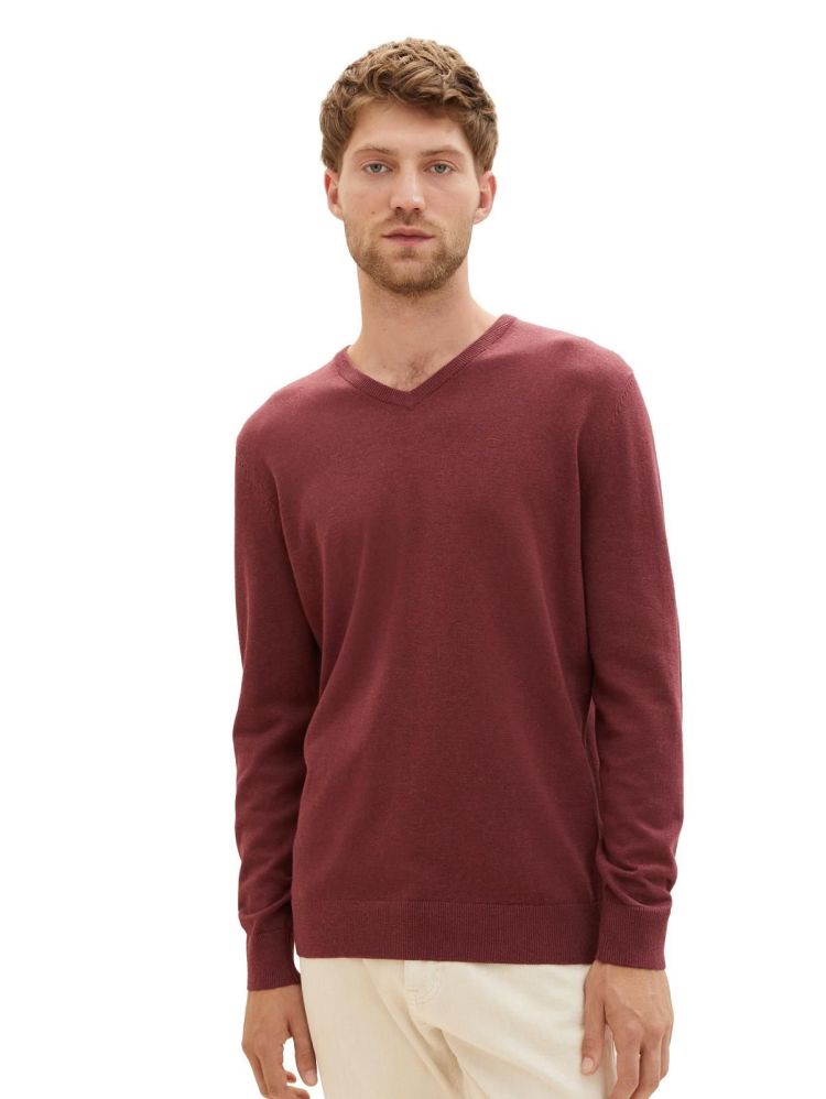 Tom Tailor Pull Rood heren (BASIC V-NECK SWEATER - 1027665.32620) - GL Sport (Sluis)