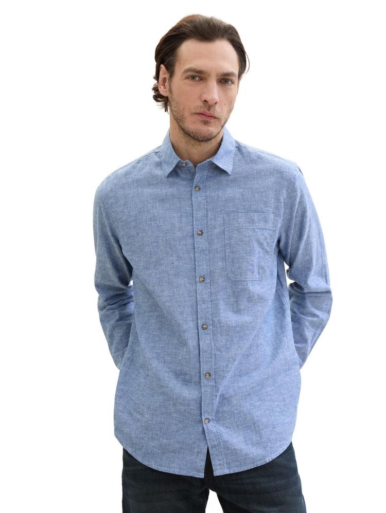 Tom Tailor Overhemd Blauw heren (COTTON LINEN SHIRT - 1040141.34922) - GL Sport (Sluis)